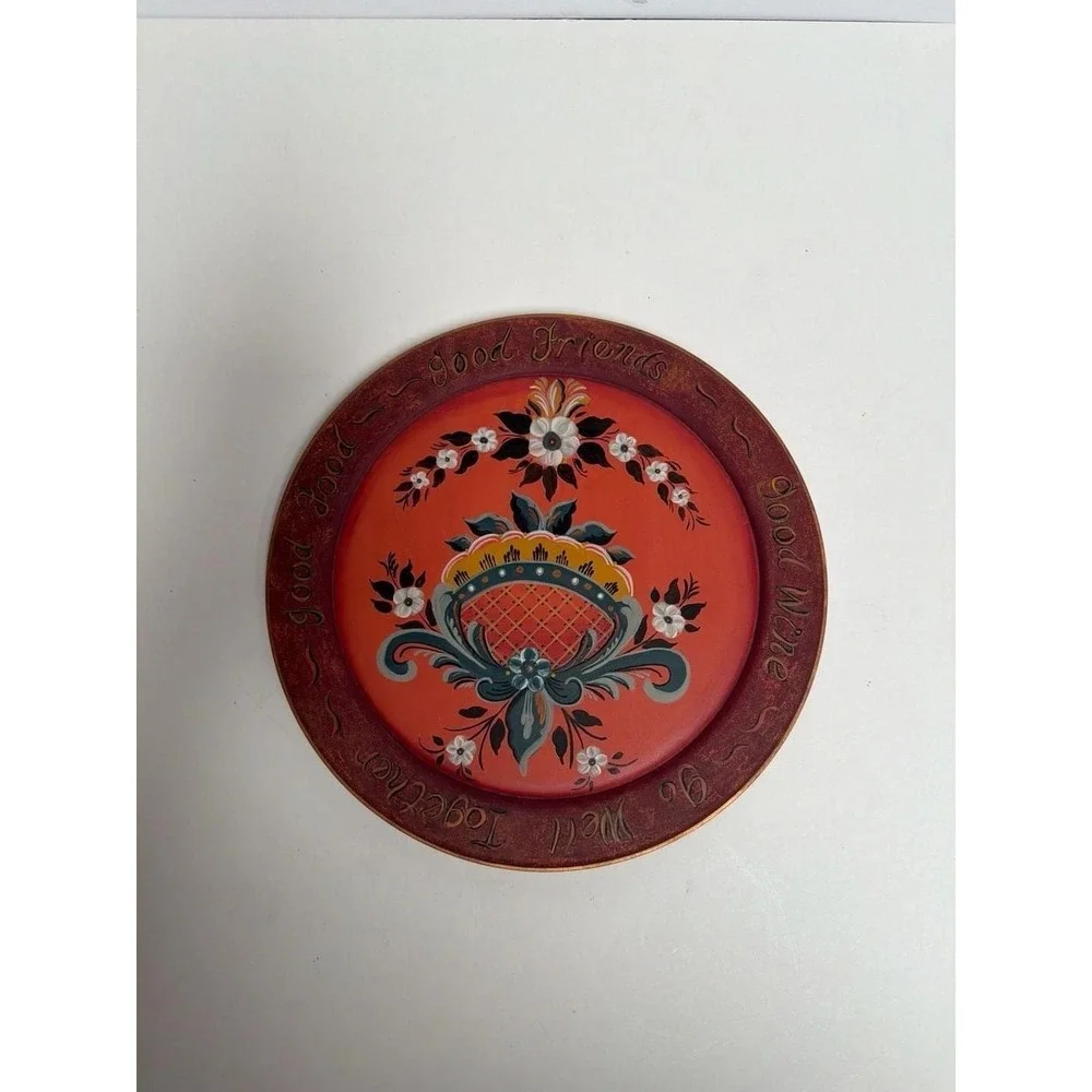 Vintage Hand-Painted Rosemaling Wooden Plate - Good Food, Good Wine, Good Friend